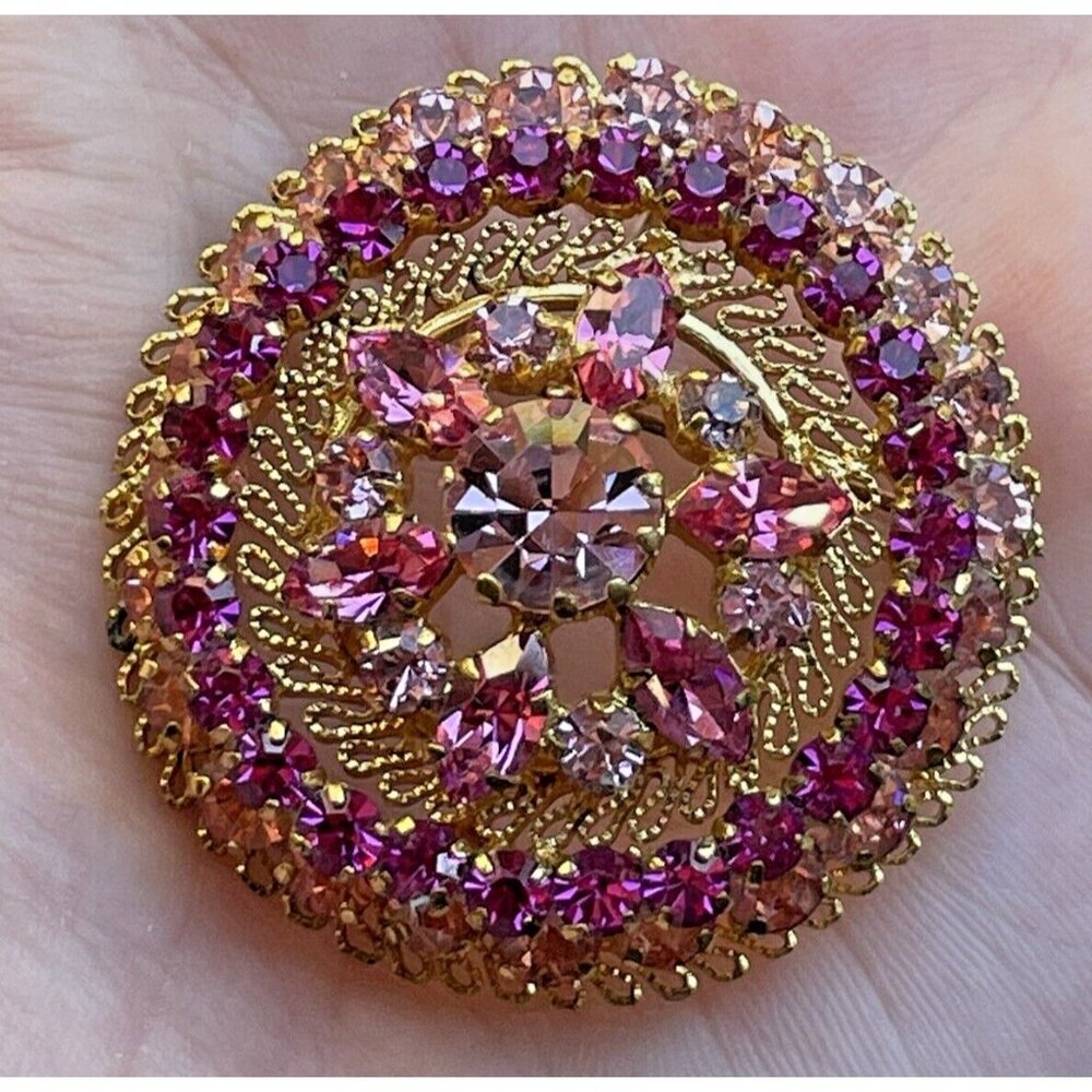 Vintage Rhinestone Brooch Made In Austria Fuchsia Pink Domed Gold-Tone